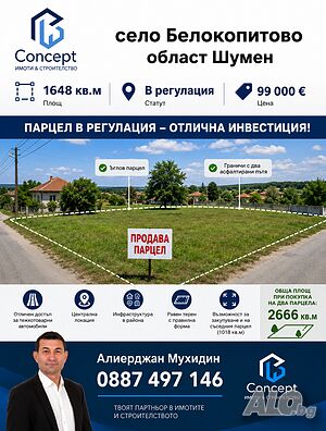 Парцел в регулация Sale 1648 sq. m. Regulated (RLE) Without electricity Without water | Land for development, Investment projects | Belokopitovo